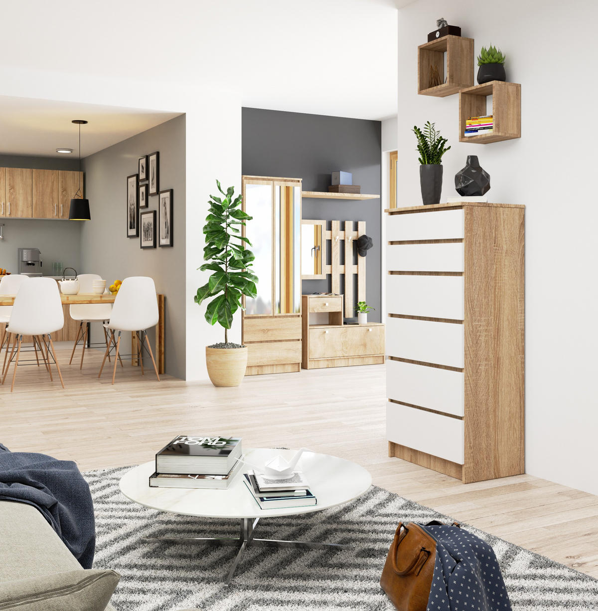 KOMMODE Eiche Sonoma, Weiß 130/60/40 - Weiß, Holzwerkstoff (60/130/40cm) - RAUMHIRSCH FURNITURE