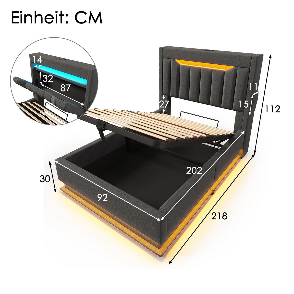 POLSTERBETT 90/200 cm Grau aus Leinen mit LED, USB/Typ-C und Bettkasten mit Matratze - Grau, Textil (90/200cm) - OKWISH