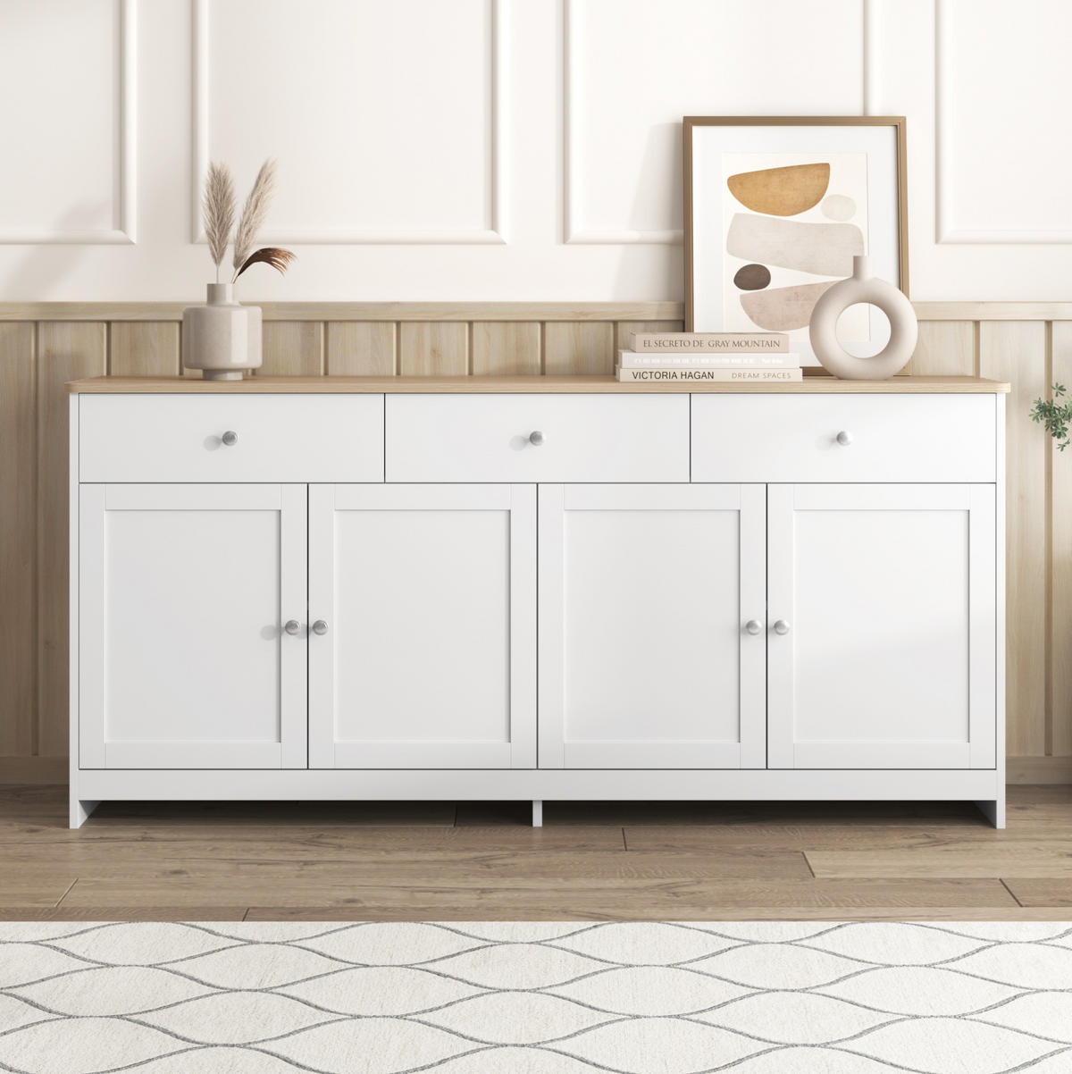 SIDEBOARD 160/37/75 cm, 3 Schubladen und 4 Türen, verstellbare Böden, MDF, Weiß und Holzfarbe - Weiß, Holzwerkstoff (160/75/37cm) - Redom