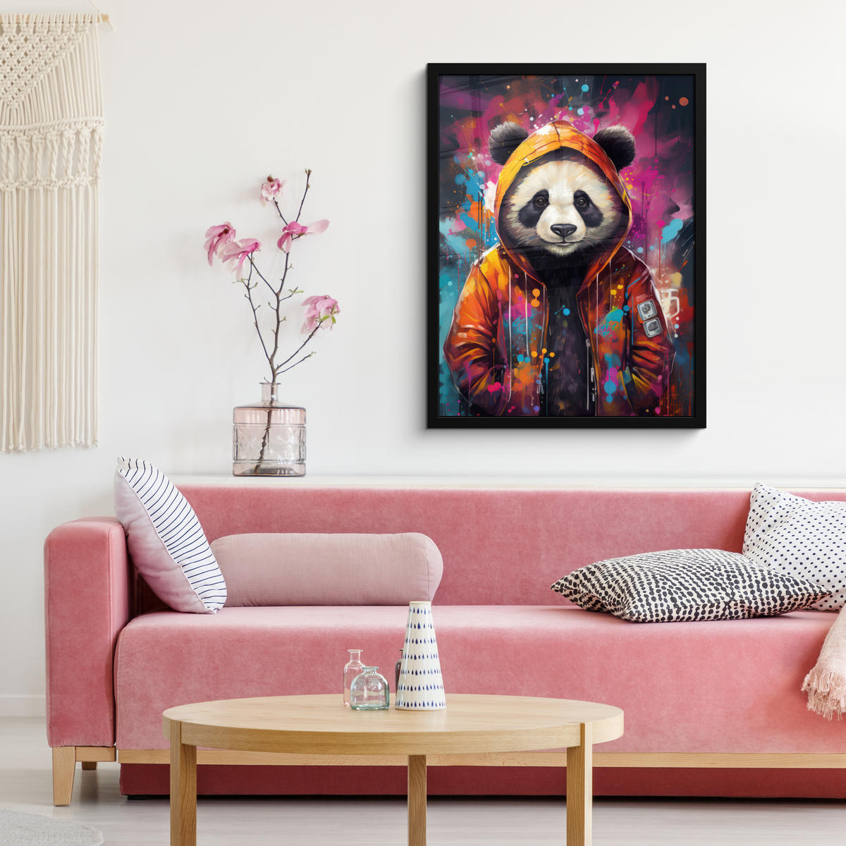 GERAHMTES BILD Panda - Jacke - Graffiti - Orange 60x80 cm - Orange, Papier (60/80cm) - MuchoWow
