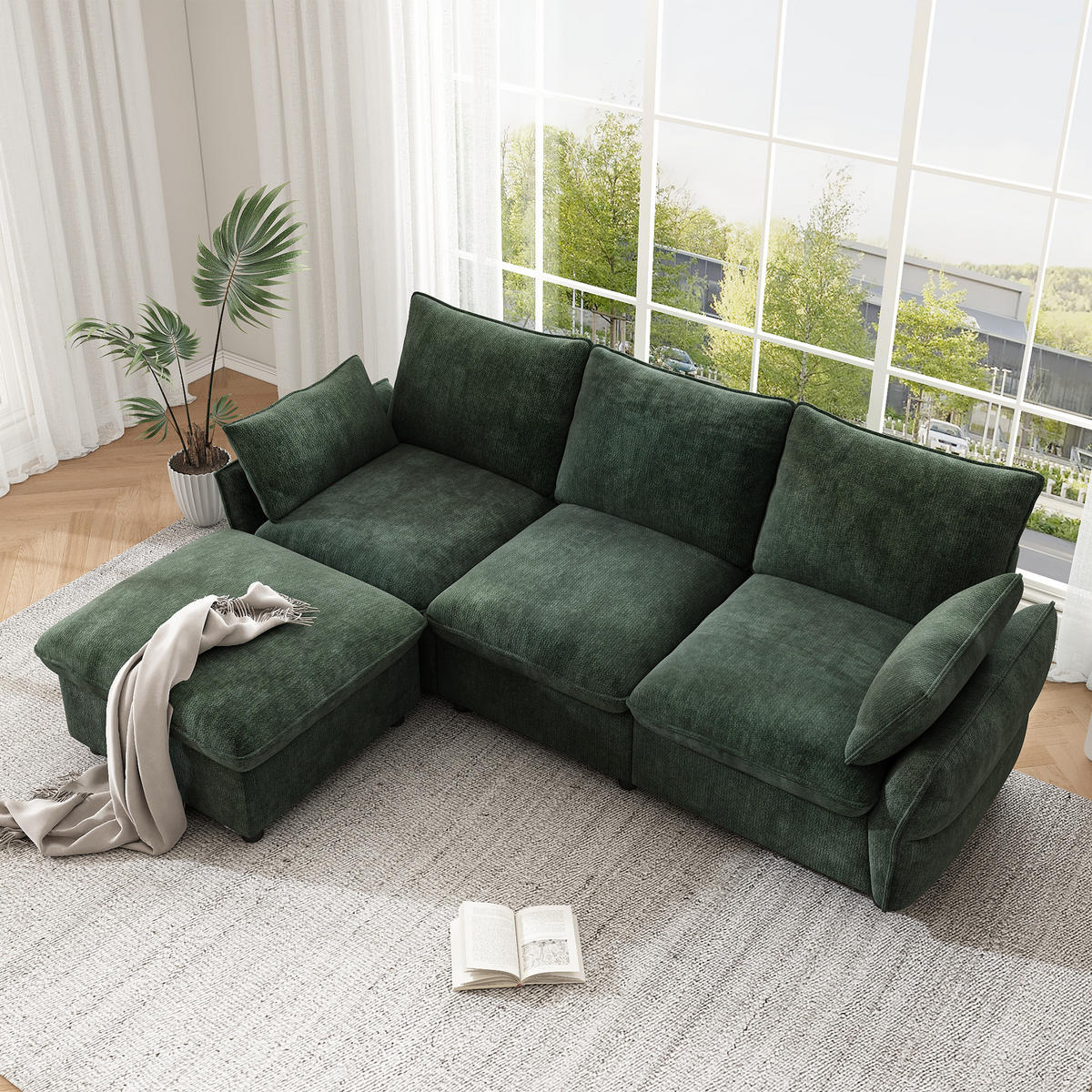 ECKSOFA 222.5/154.5/76.5 cm Dunkelgrün Chenille mit 1 Fußhocker - Dunkelgrün, Textil/Metall (222.5/154.5cm) - Oxeza