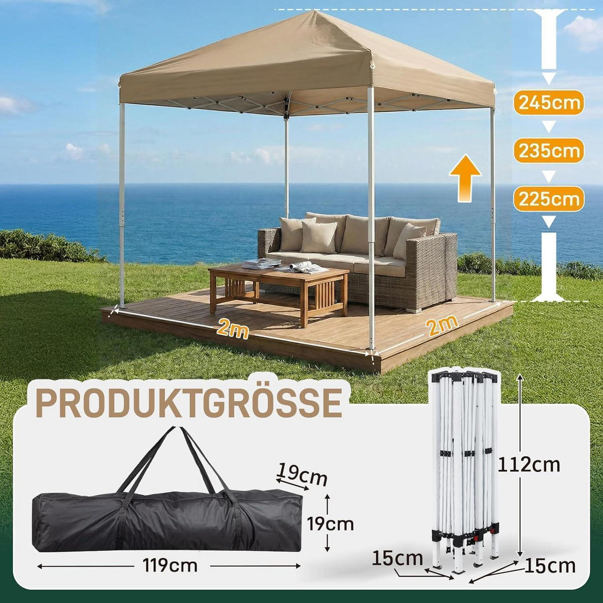 FALTPAVILLON 2x2 m mit Moskitonetzen Khaki - Olivgrün, Textil (200/245/200cm)