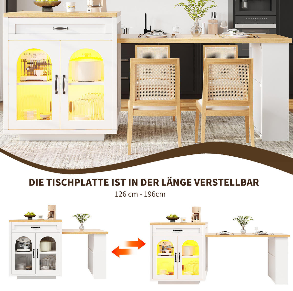 BUFFET aus MDF 126-196x59x94 cm Weiß mit RGB-LED, ausziehbarer Tischplatte und geriffelten Glastüren - Weiß, Holzwerkstoff (196/94/59cm) - Modfu