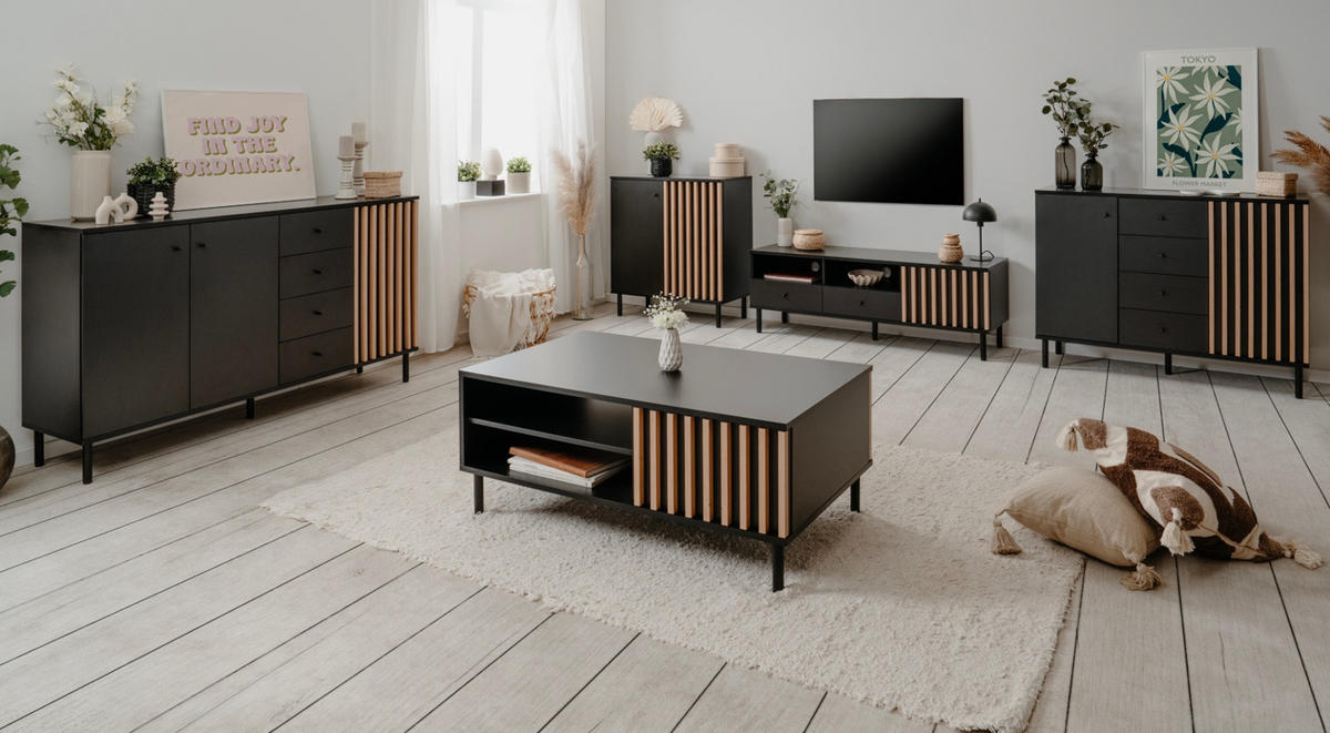 KOMMODE schwarz, Eiche Artisan 118, Sideboard mit viel Stauraum - Schwarz/Eiche Artisan, Holzwerkstoff/Metall (118/90/40cm) - Furn.Design