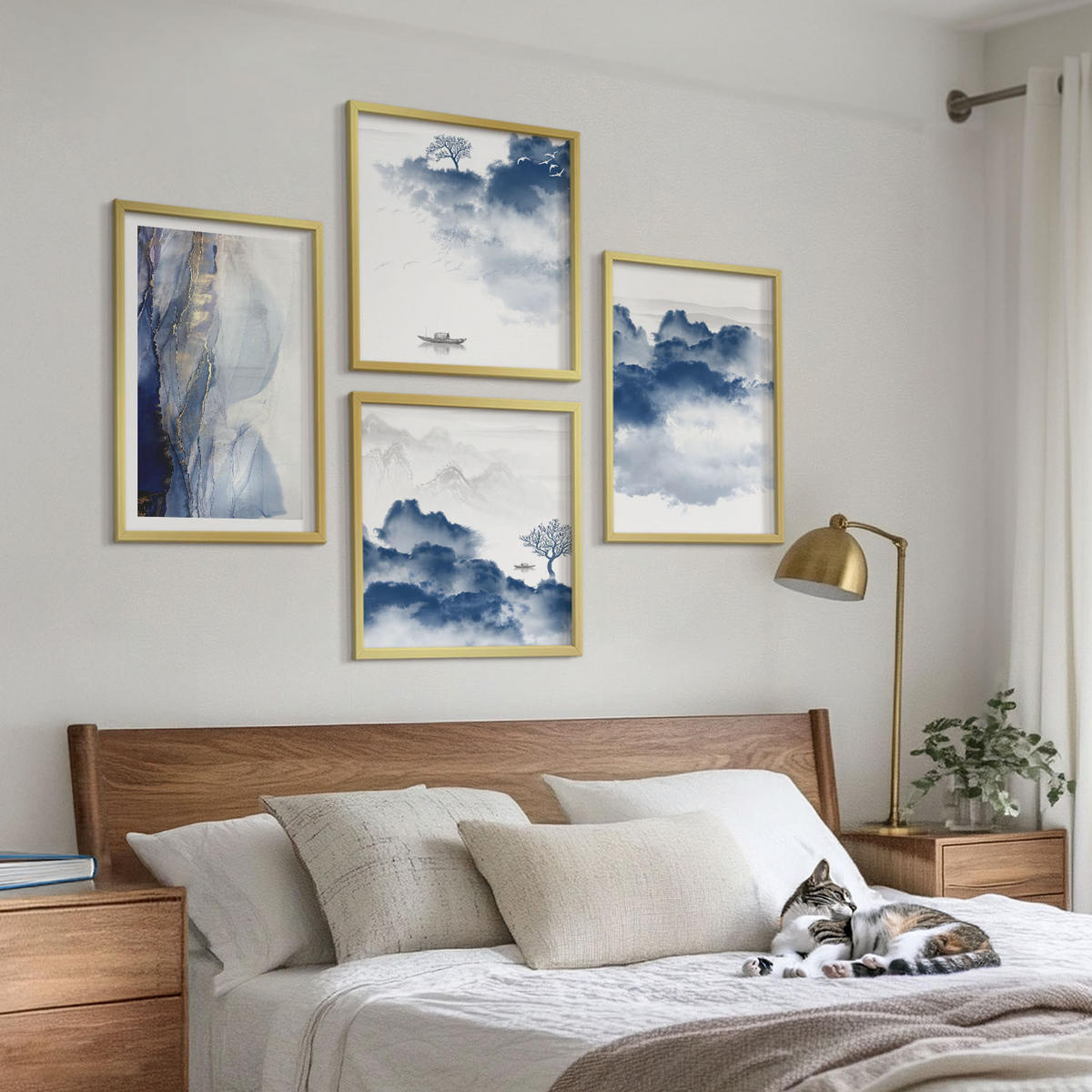 WANDBILDER 4er Set - 50x50 cm & 40x60 cm Goldrahmen - Berge, Wolken, Bäume, Vögel im Hintergrund - Goldfarben, Kunststoff (50/50cm) - ArtPrintCave