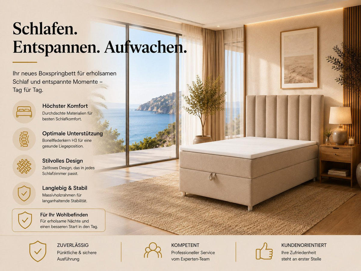BOXBETT mit Bettkasten Trinity K-10 SINGLE Bonellfederkern inkl. Topper - Beige, Holz/Holzwerkstoff (90/200cm) - Best For Home