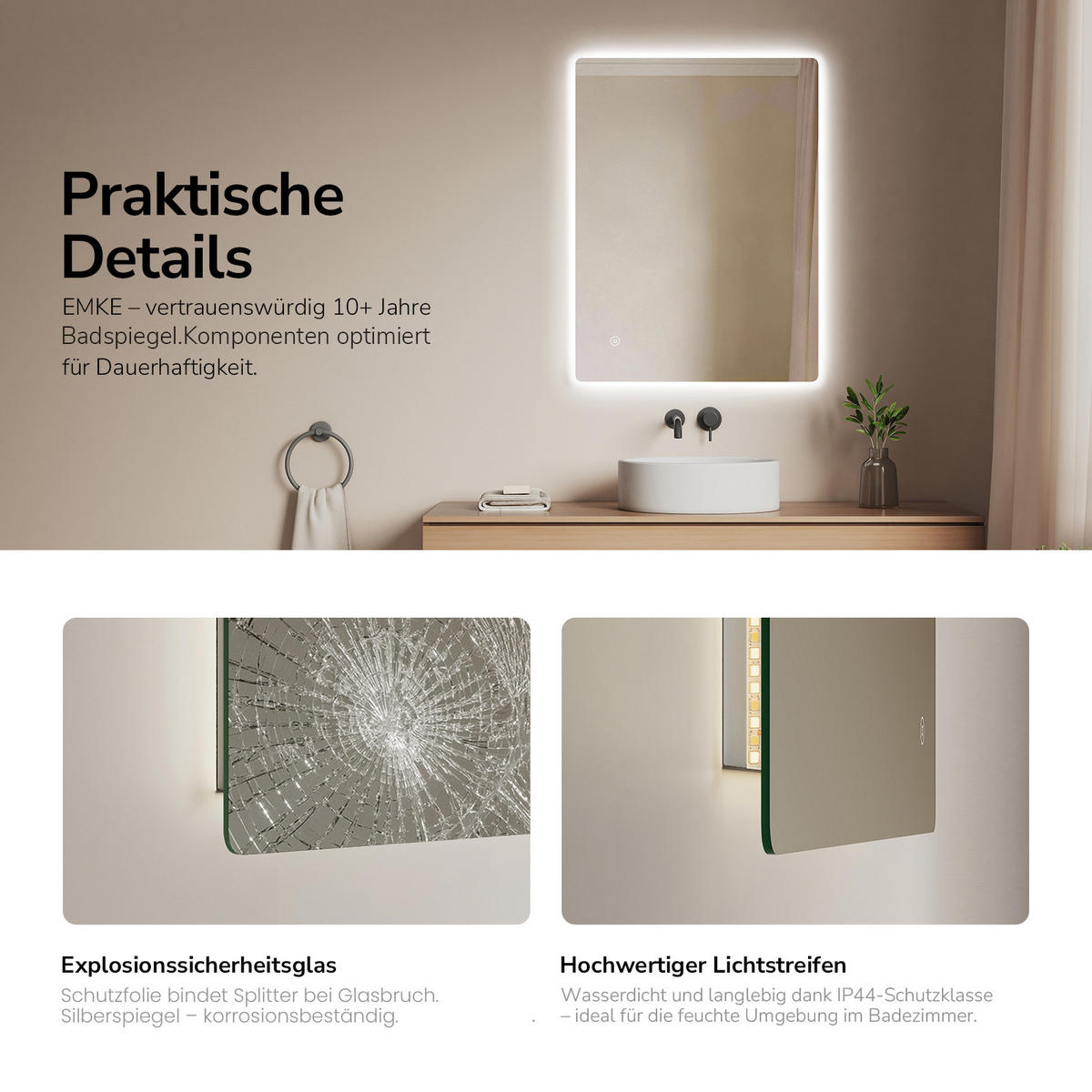 OGLINDA de baie cu LED-uri 80/60 cm - transparent, sticlă/metal (80/60/3.5cm) - EMKE