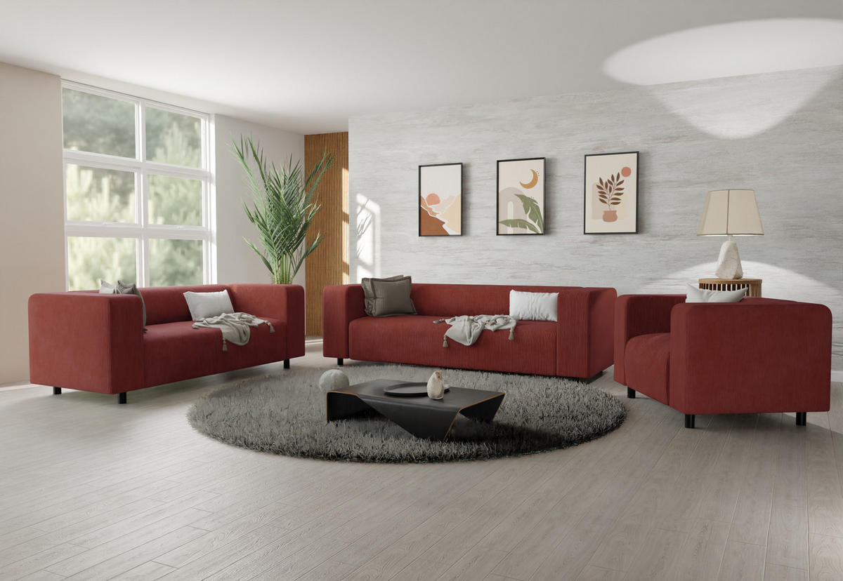 SITZGARNITUR 3+2+1 Tove Terrakotta Cord - Terra cotta/Schwarz, Holz/Kunststoff (175/65/80cm) - S-Style Möbel