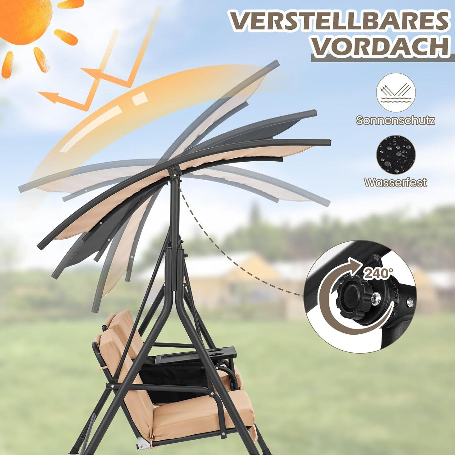 Thumbnail - Costway Hollywoodschaukel, Braun, Metall, 124x162x181 cm, Gartenmöbel, Hollywoodschaukeln