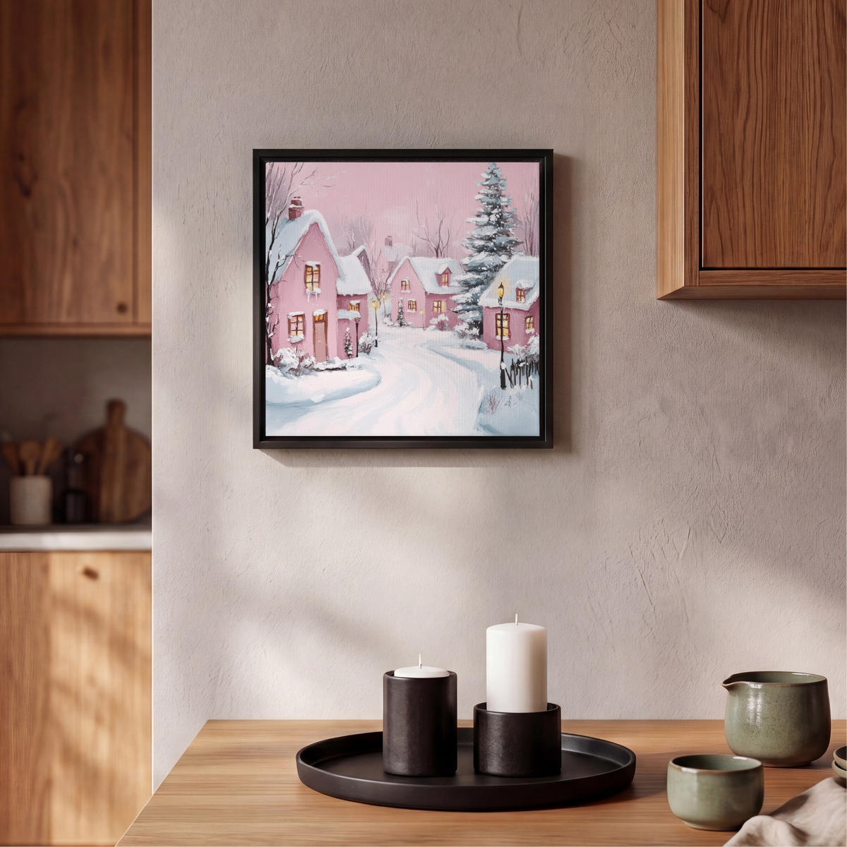 LEINWAND Bilder mit Rahmen - Weihnachtsdorf - Rosa - Winter - Schnee - Häuser - 20x20 - Altrosa, Textil (20/20cm) - MuchoWow