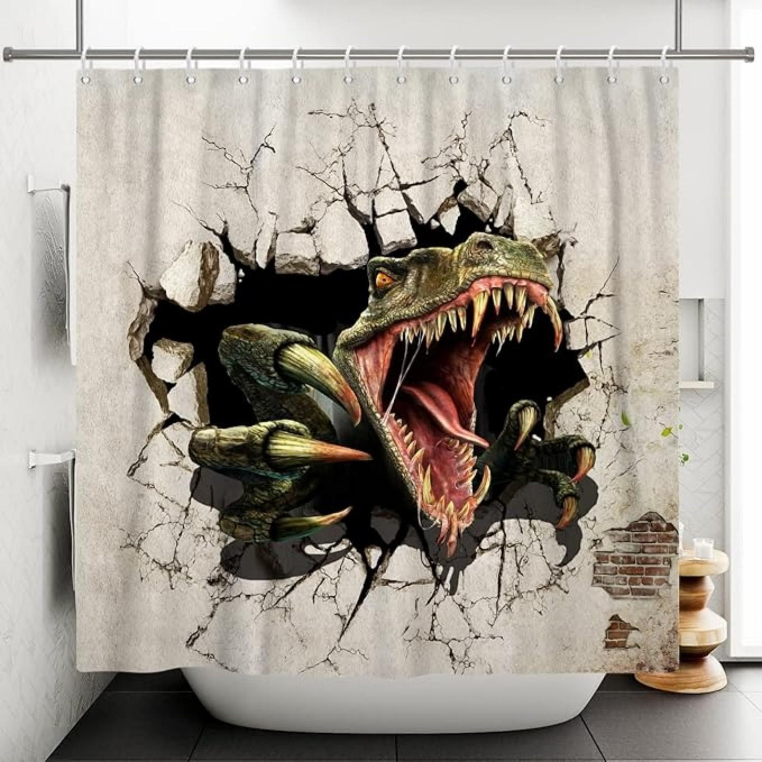 DUSCHVORHANG Dinosaurier Vintage wand waschbar Stoff wasserdicht für Badewanne mit Haken - Grün, Textil (180/180cm) - MCBOSON