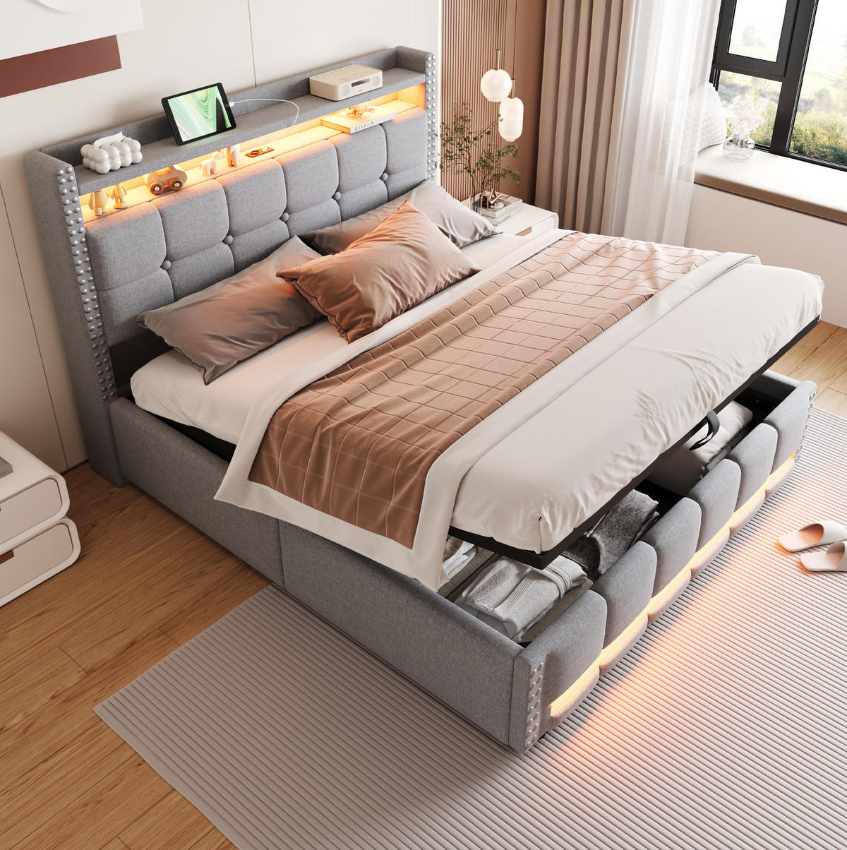POLSTERBETT 160/200 cm Hellgrau mit LED, USB und Hydraulik - Hellgrau, Textil (160/200cm) - MIVRAY