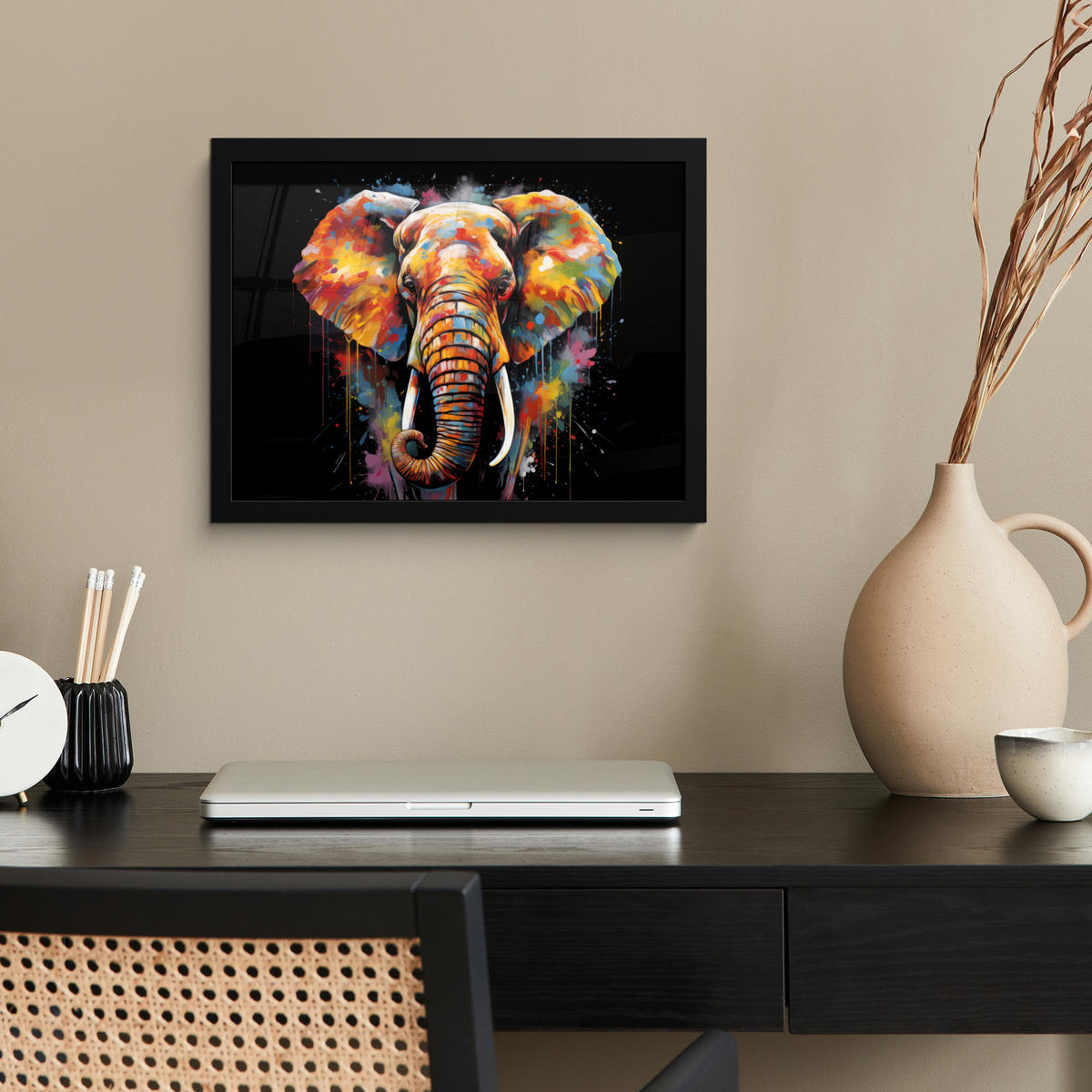 POSTER MIT RAHMEN Elefant - Graffiti - Schwarz - Tiere - Farben 40x30 cm - Schwarz, Papier (40/30cm) - MuchoWow
