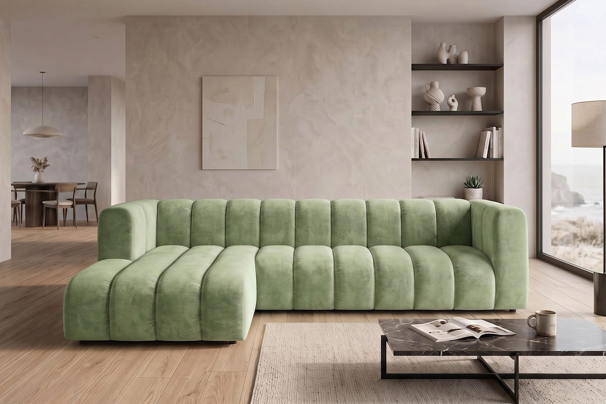 ECKSOFA Modulares In L-Form, Velvet-Stoff Riviera, Olive, Links, GRAND 318 cm - Olivgrün, Holz (318/179cm) - Kaiser Möbel
