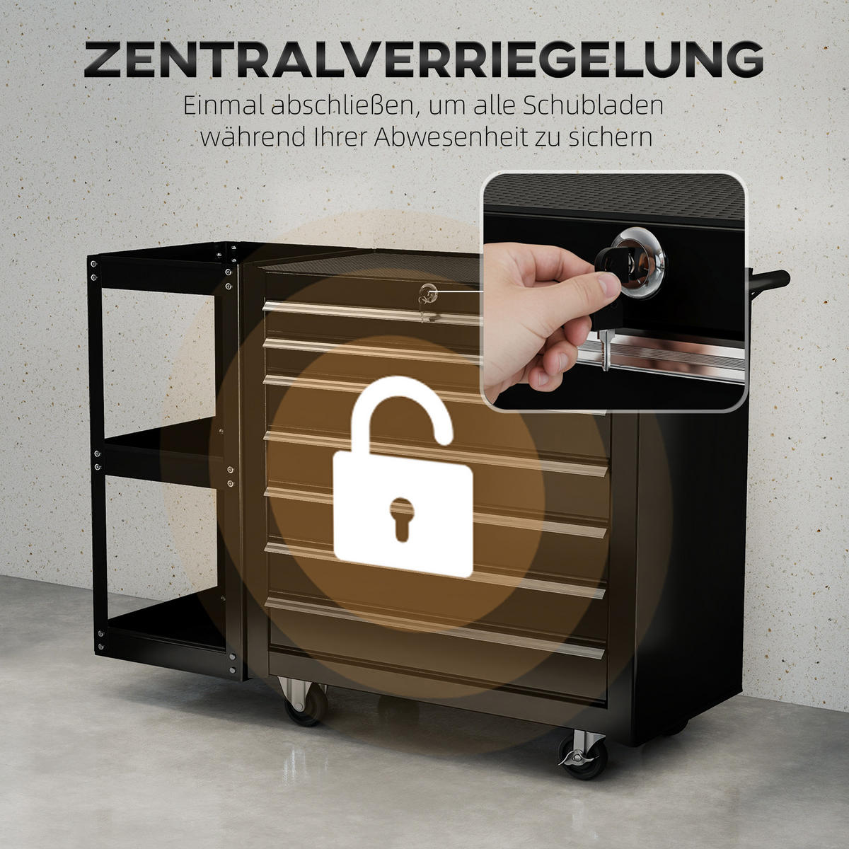 WERKSTATTWAGEN Werkzeugwagen mit 7 Schubladen abnehmbar Seitenregal Rollen - Schwarz, Metall (33.5/75/96cm) - HOMCOM