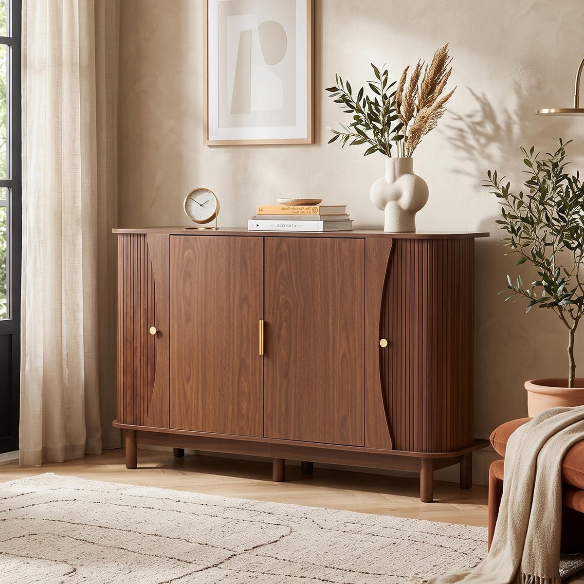 SIDEBOARD 140cm mit geschwungenen Kanten & 2 Türen - Walnussfarben, Holzwerkstoff (140/88/40cm) - Urban Meuble