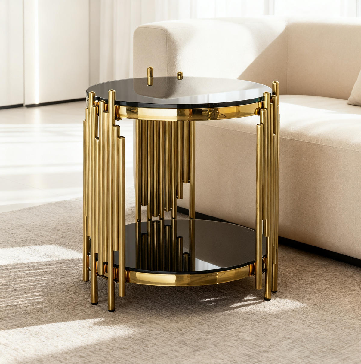 BEISTELLTISCH rund 2-stufig Schwarz Gold mit Glas - Schwarz, Glas (45/45/55cm) - Meubliv