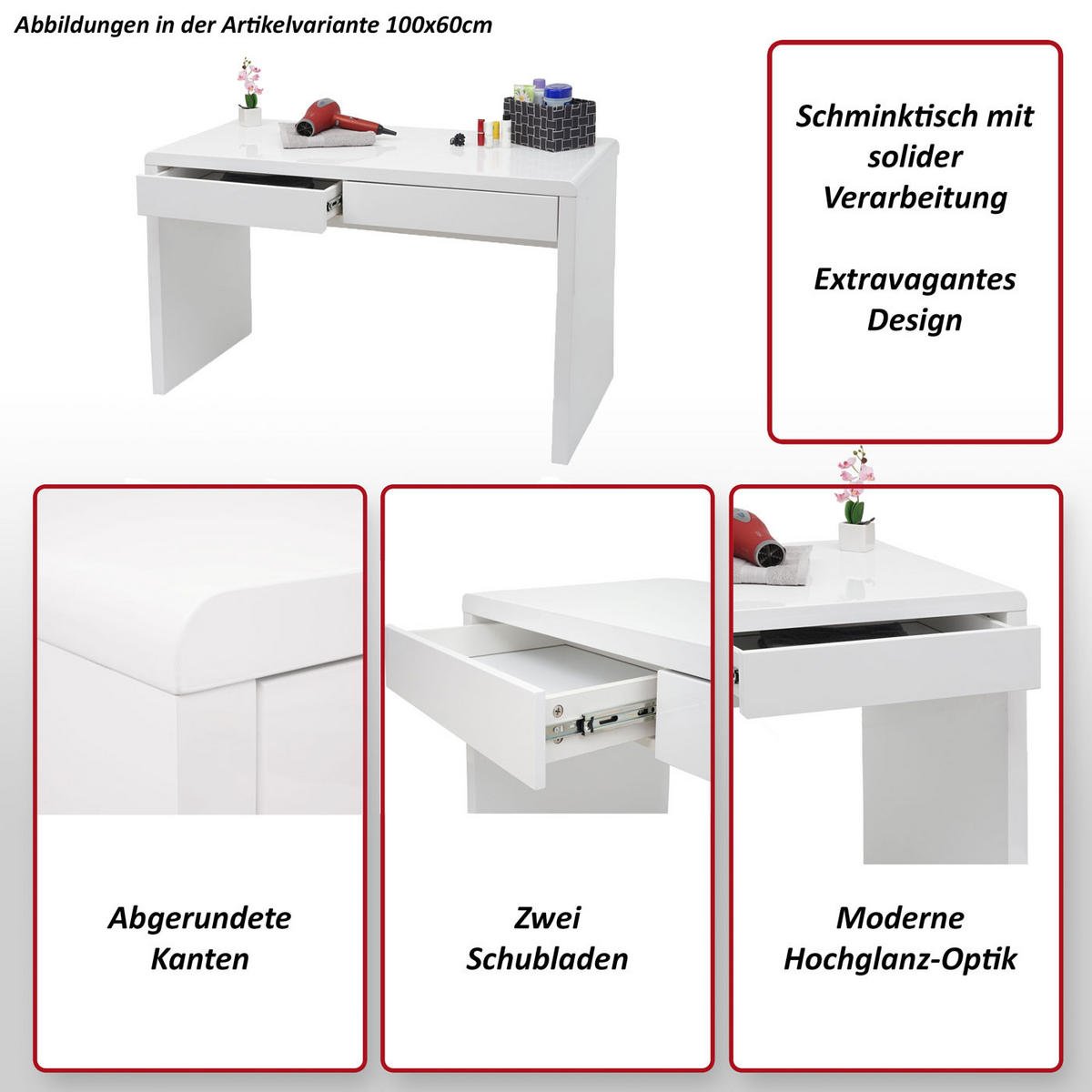 SCHMINKTISCH G5 rechteck Weiß - Weiß, Holzwerkstoff (58/100/75cm) - MCW