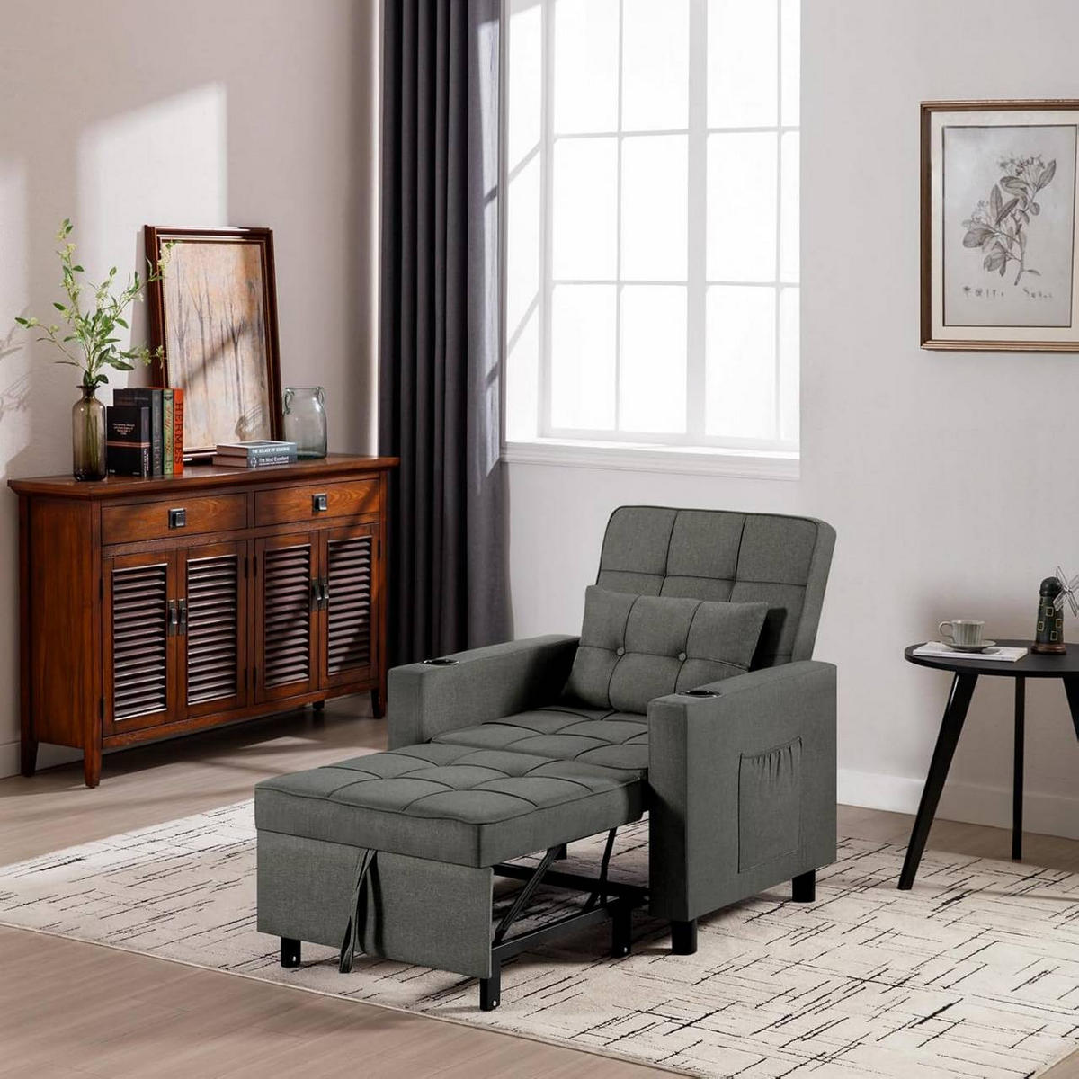 SCHLAFSESSEL 3 in 1,mit Liegefunktion, Leinenbezug, Dunkelgrau - Dunkelgrau/Schwarz, Kunststoff/Textil (87/99.5/79.5cm) - Woltu