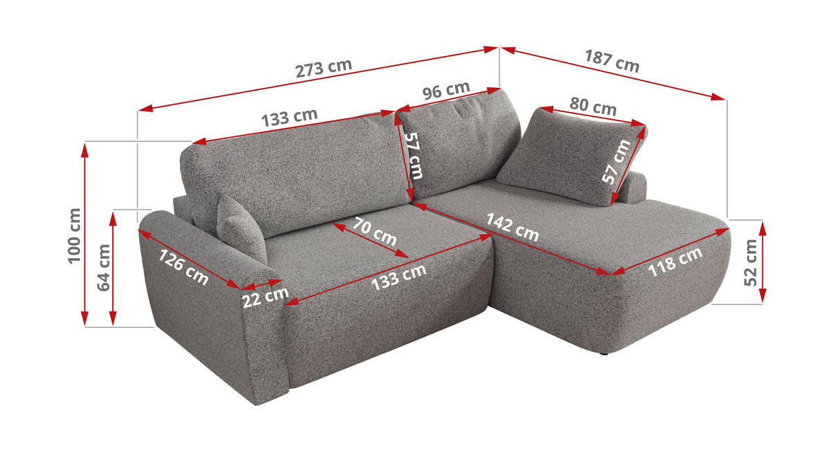 ECKSCHLAFSOFA CUBO L Hellgrau Struktur - links - Hellgrau/Schwarz, Kunststoff/Textil (273/187cm) - MKS