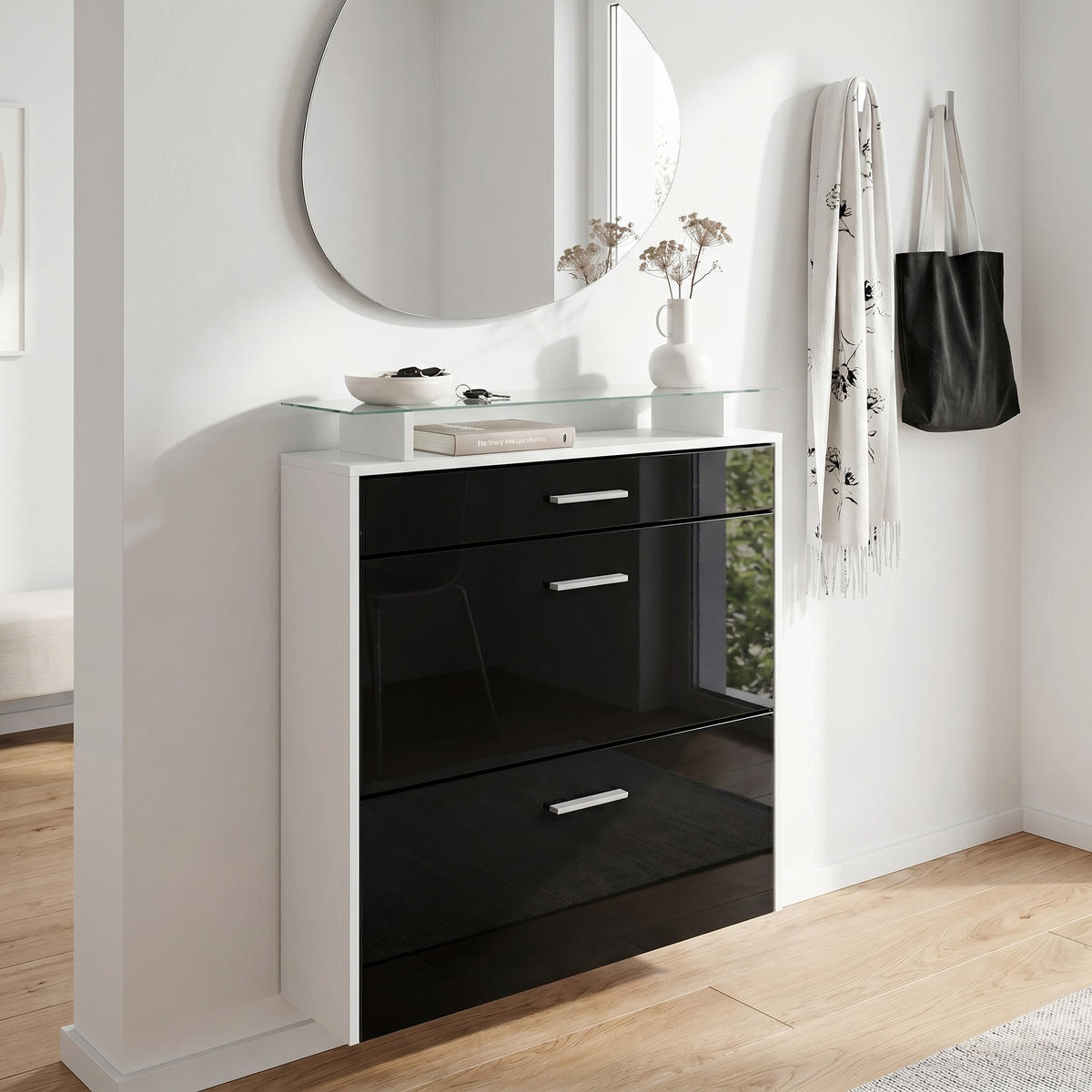 SCHUHSCHRANK Malea Front in Schwarz Hochglanz - Schwarz Hochglanz, Holzwerkstoff (89/96/23cm) - Vladon