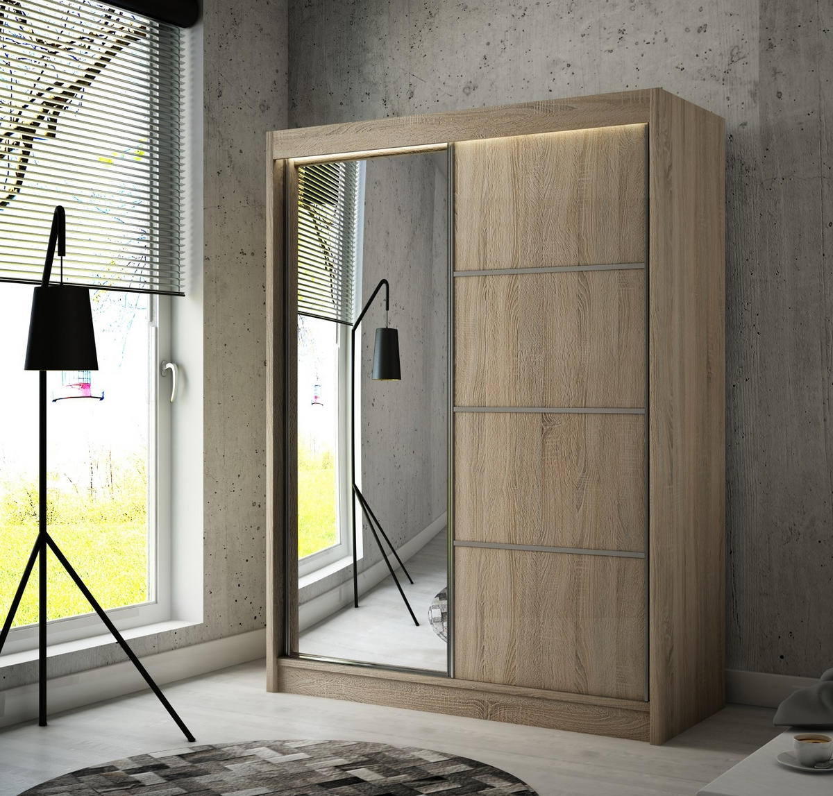 SCHRANK Sonoma Eiche PAKO Schiebetür Mit Spiegel 120 cm - Multicolor, Holzwerkstoff (120/215/61cm) - Sepro Meble