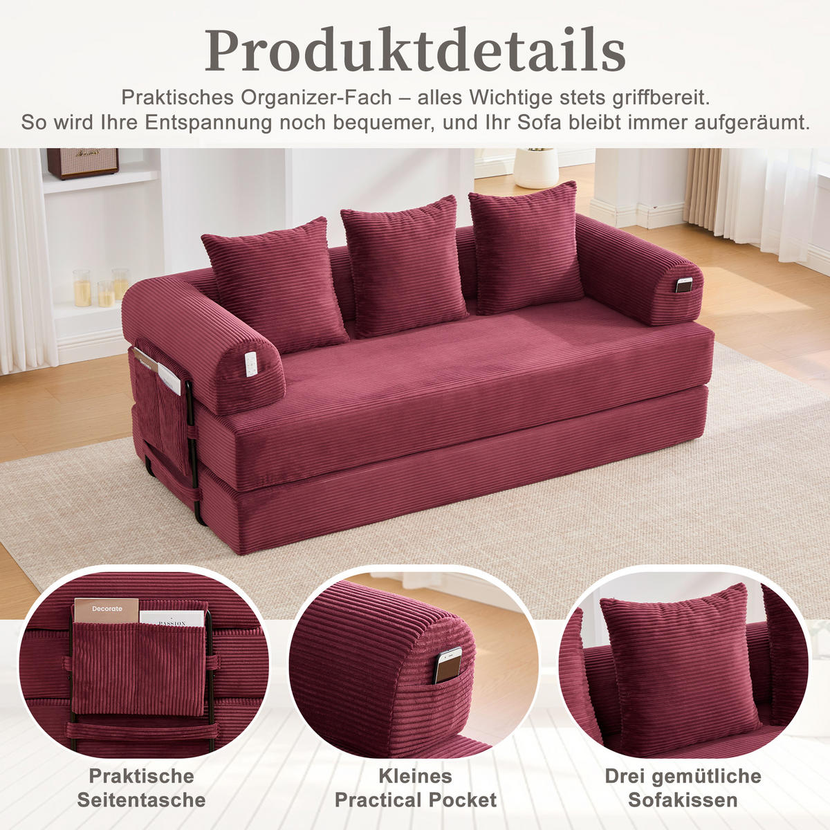 SCHLAFSOFA, Modulares Tagesbett mit Metallgestell, Klappbares Bodensofa Cordstoff, Weinrot - Weinrot, Textil (94/67/200cm) - LVHOM