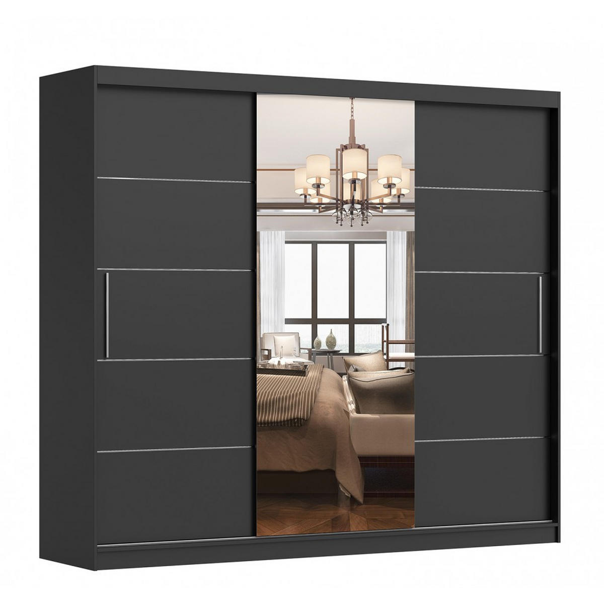 SCHWEBETÜRENSCHRANK ALBA Schwarz/Schwarz + Spiegel, mit LED-Beleuchtung 250cm - Schwarz/Alufarben, Glas/Holzwerkstoff (250/218/61cm) - imoebel24