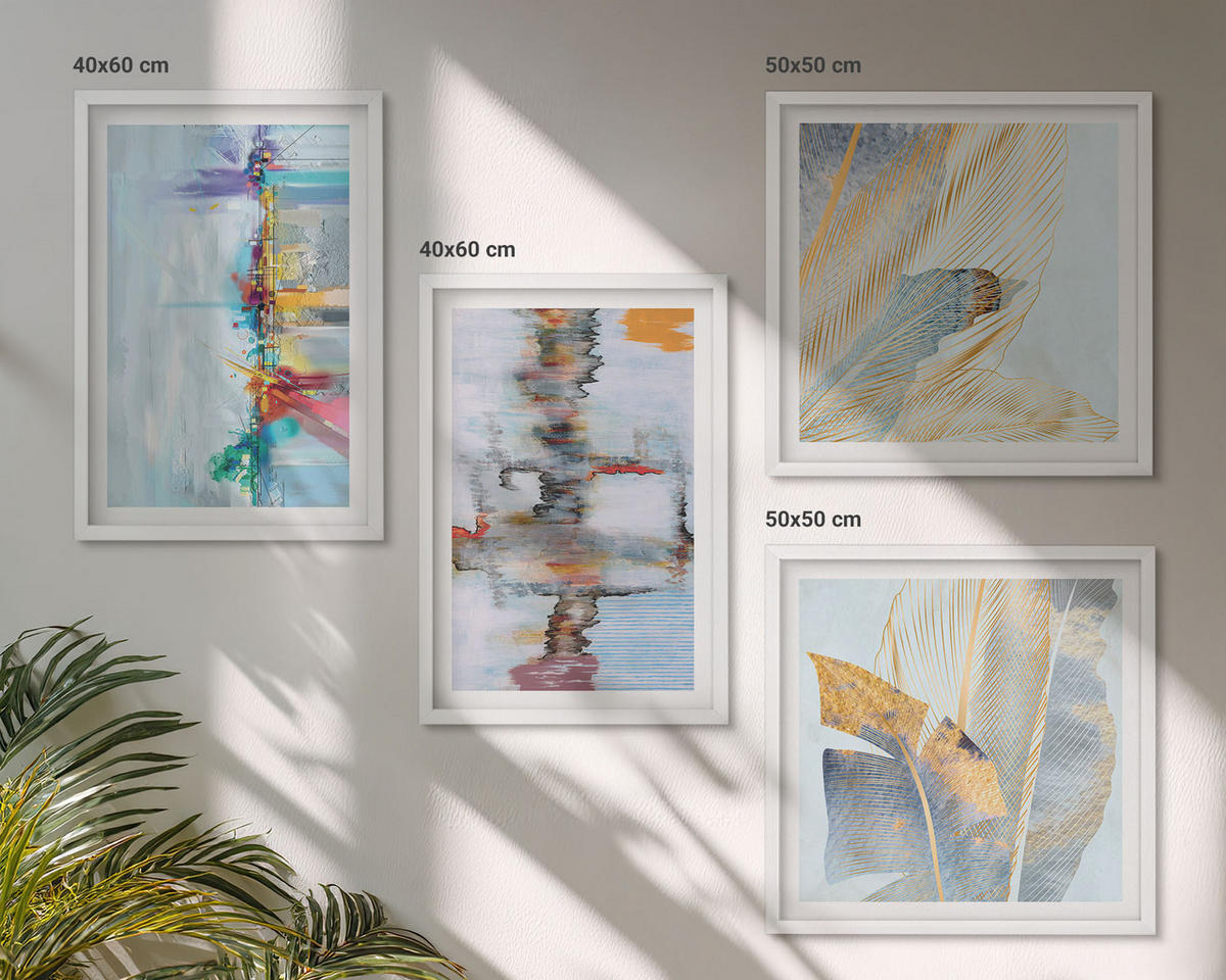BILDER SET 4er Set - 50x50 cm & 40x60 cm Weißer Rahmen - Abstrakte Gemäldekompositionen - Weiß, Kunststoff (50/50cm) - TULUP
