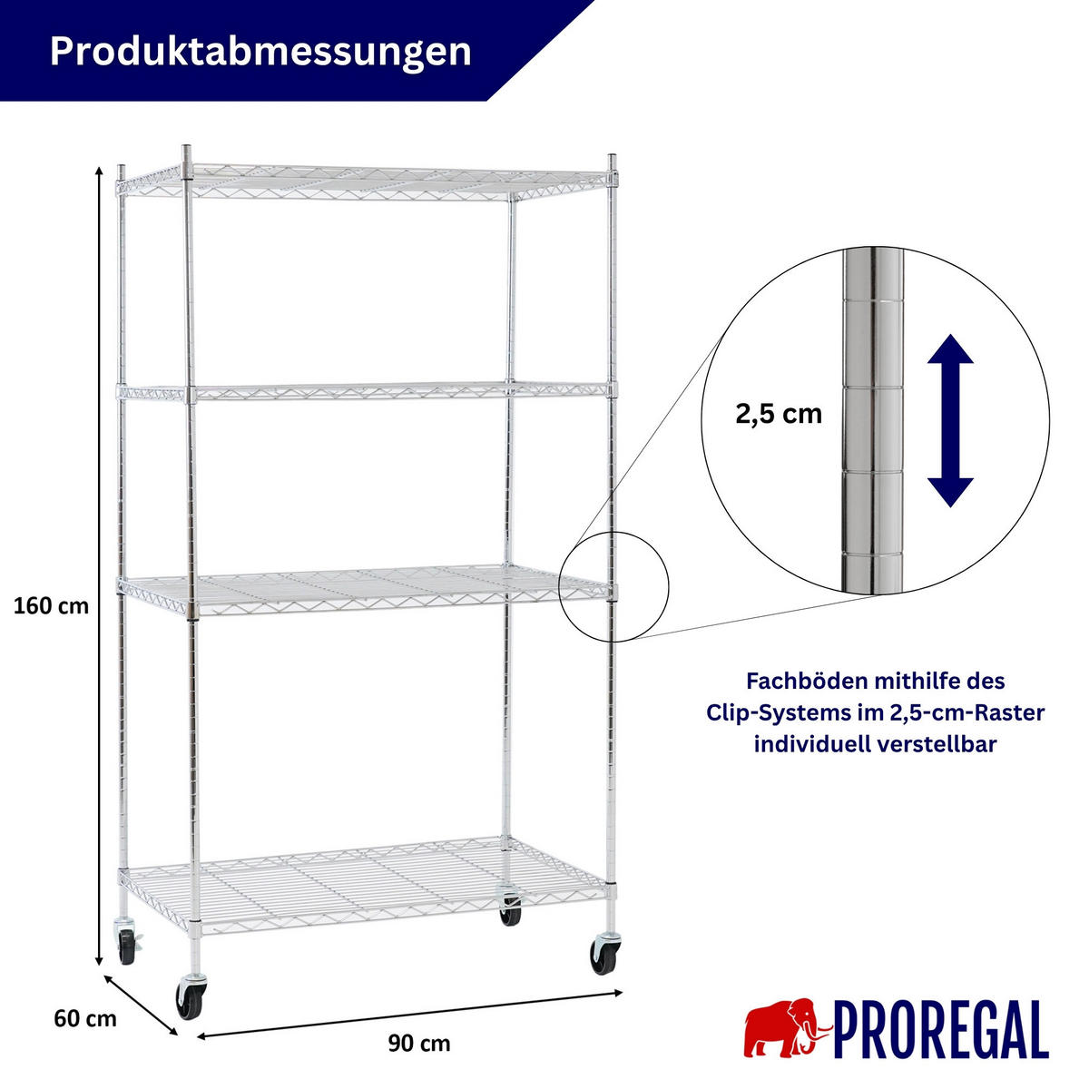 GITTERREGAL HADES mit Rollen & 4 Gitterböden Metall 160x90x60cm Silber - Silberfarben, Metall (90/160/60cm) - PROREGAL