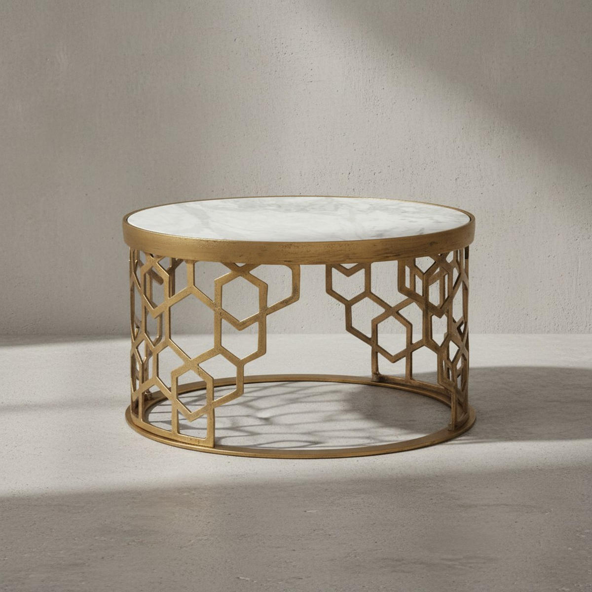COUCHTISCH Weiß Marmor und Metall, Rund, Maße 60x60x36 cm, Modernes Design - Goldfarben/Weiß, Stein/Metall (60/60/36cm) - KADIMA DESIGN