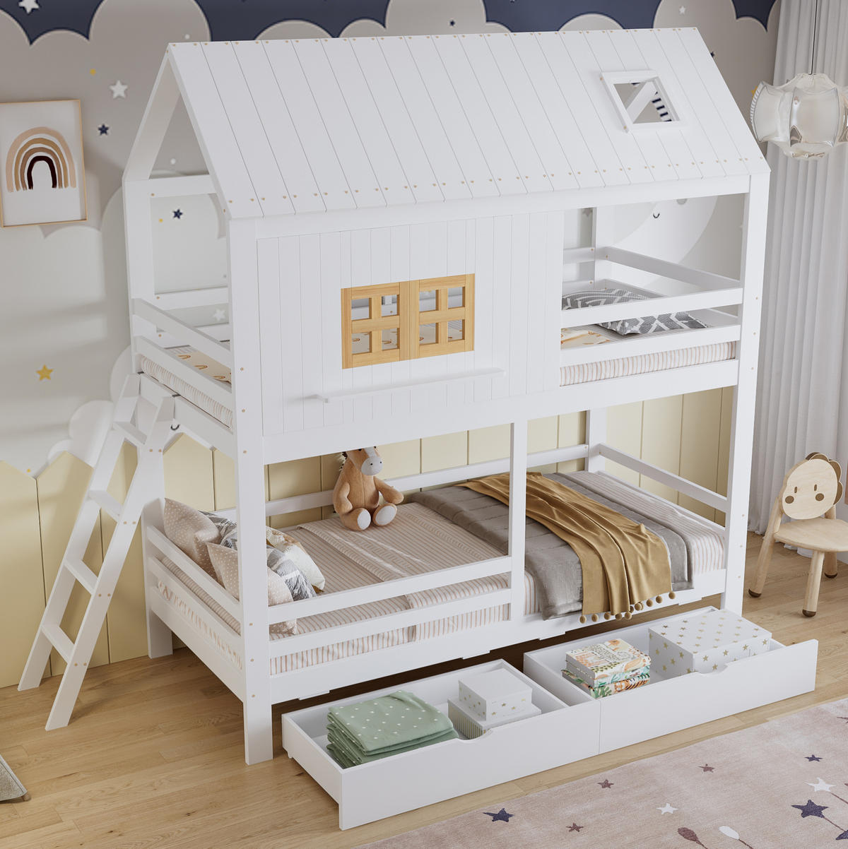 ETAGENBETT aus Kiefer und MDF 90x200 cm Weiß/Natur mit Dach, Fenstern, 2 Schubladen und Leiter - Weiß, Holzwerkstoff (90/200cm) - Modfu