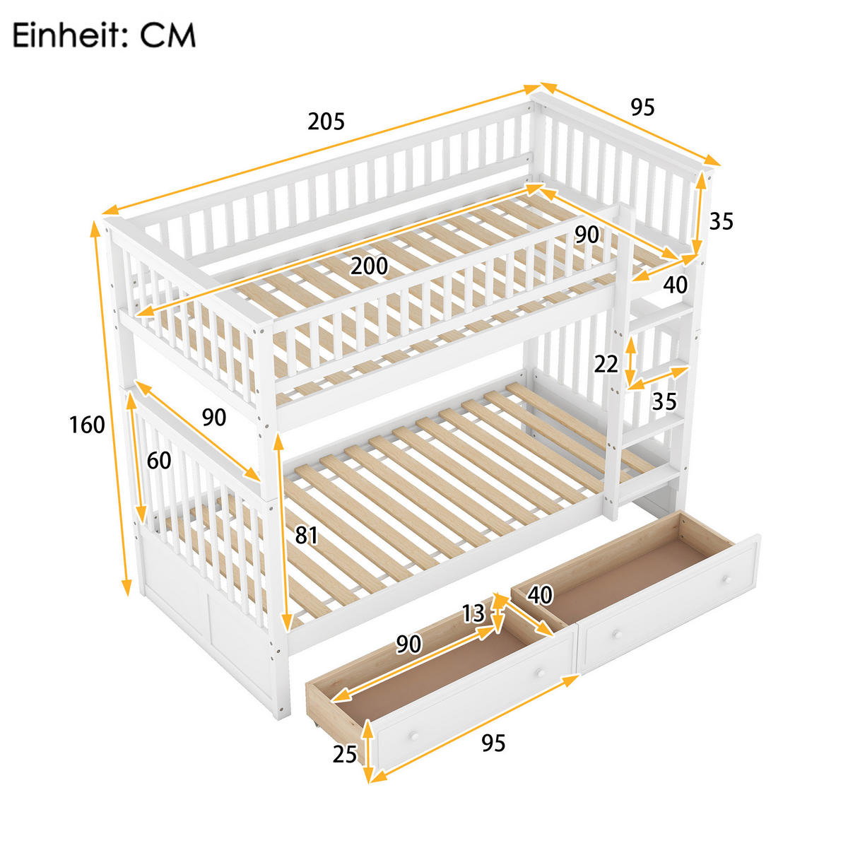 ETAGENBETT 90/200 cm Weiß mit Schubladen und umwandelbar - Weiß, Holz (140/200cm) - OKWISH
