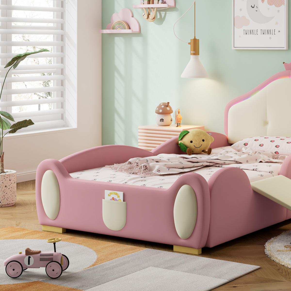 KINDERBETT 90/200 cm Crown Cartoon Rosa mit Rutsche und LED-Beleuchtung aus PU - Rosa, Kunststoff (90/200cm) - OKWISH