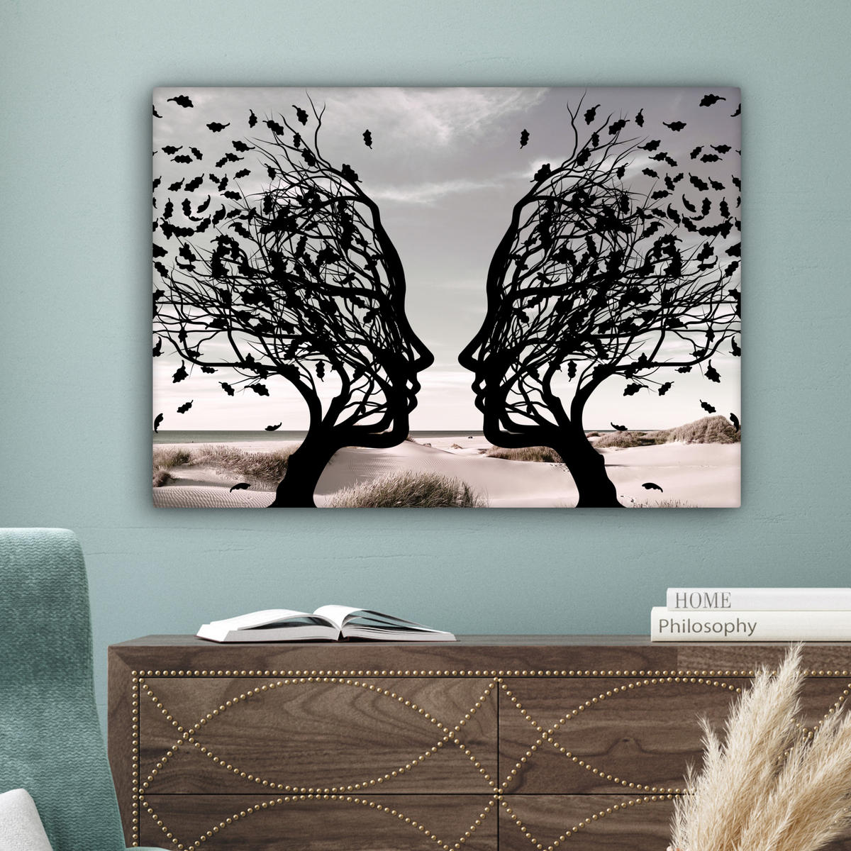 LEINWANDBILD Strand - Meer - Menschen - Baum - Moderne Kunst Wandbilder 80x60 cm - Hellgrau, Textil (80/60cm) - MuchoWow