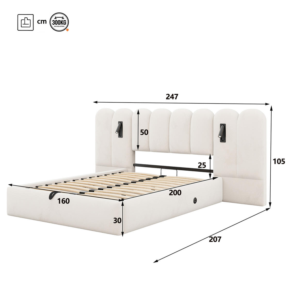BOXBETT 160/200 mit Wolken Kopfteil, Bettkasten/Leselampe/USB, Samt, Beige - Beige, Holz/Textil (160/200cm) - LVHOM