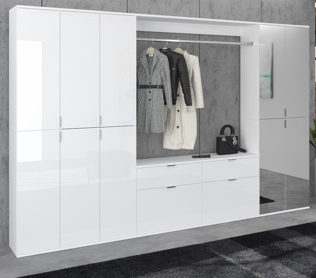 GARDEROBEN-SET weiß Hochglanz 273 cm viel Stauraum, Flurgarderobe mit Spiegeltür - Chromfarben/Weiß Hochglanz, Glas/Holzwerkstoff (273/193/34cm) - Inn.Furn