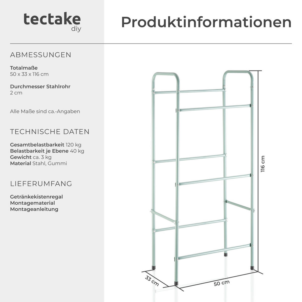 GETRÄNKEKISTENREGAL ,50 x 33 x 116 cm,grau - Grau, Metall (33/116/50cm) - tectake