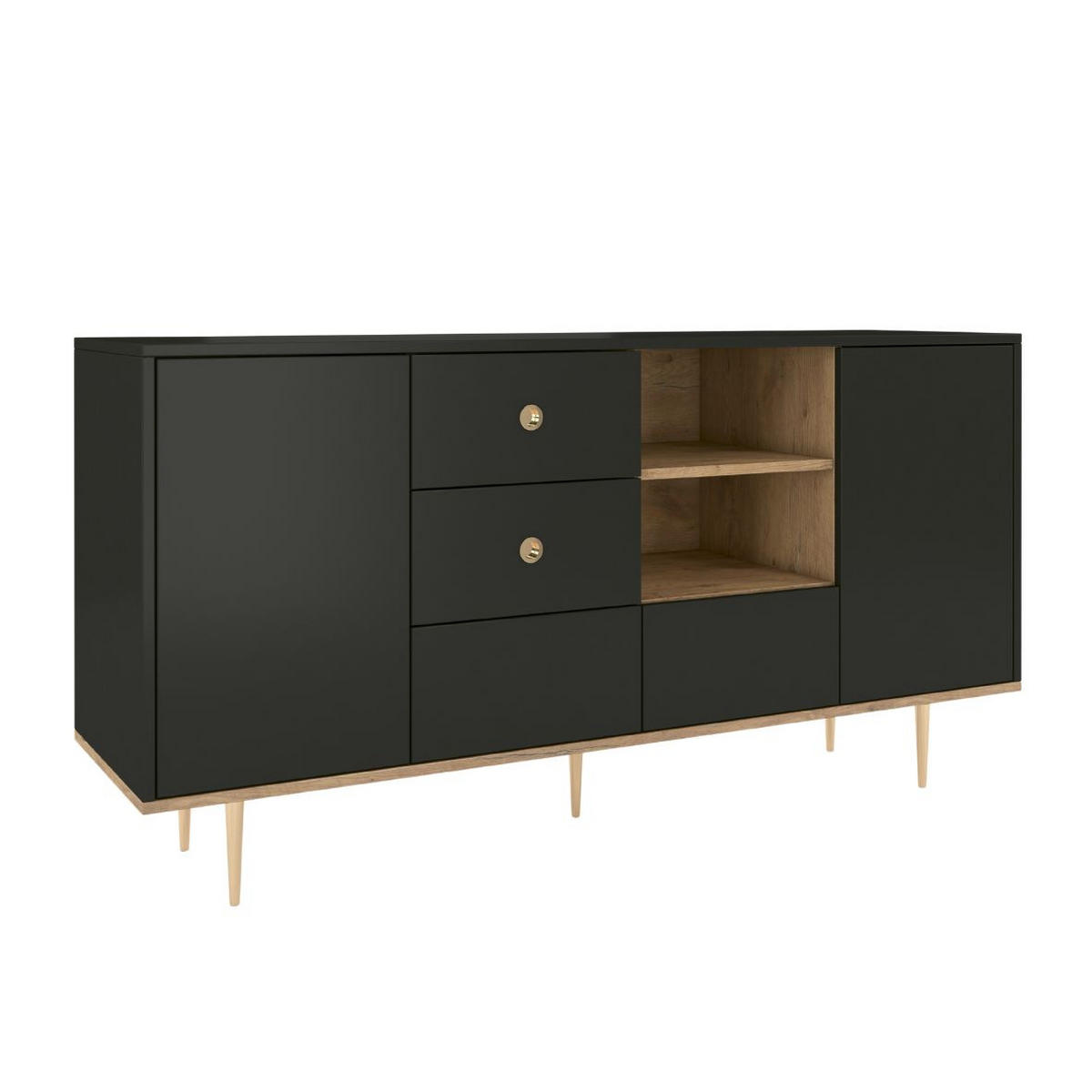 SIDEBOARD Harmoni, Schwarz, Eiche, Goldene Details - Goldfarben/Schwarz, Holzwerkstoff/Metall (160/83/45cm) - Skandica
