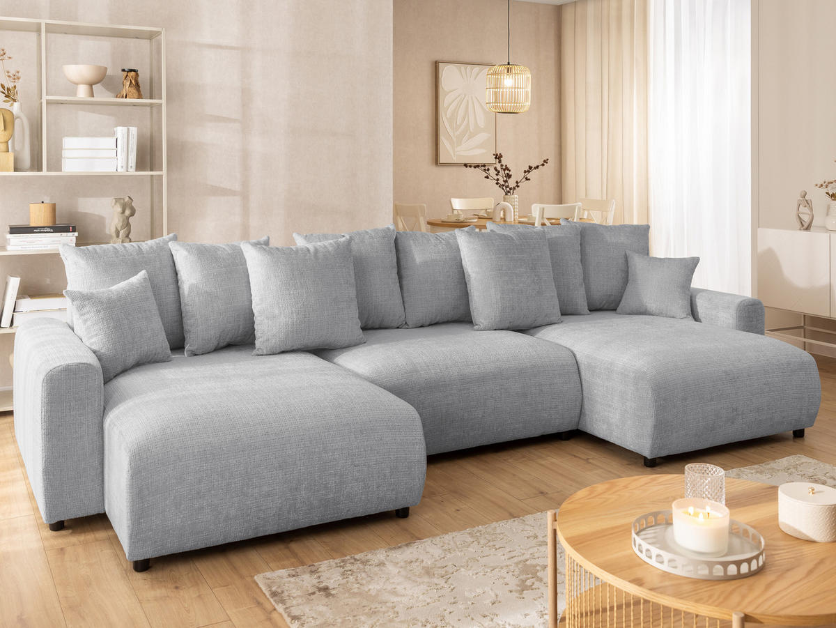 WOHNLANDSCHAFT Calma mit Schlaffunktion und Bettkasten im Bumpy-Design aus weichem Hellgrau Chenille-Stoff - Hellgrau/Schwarz, Holz/Kunststoff (336/88/140cm) - S-Style Möbel