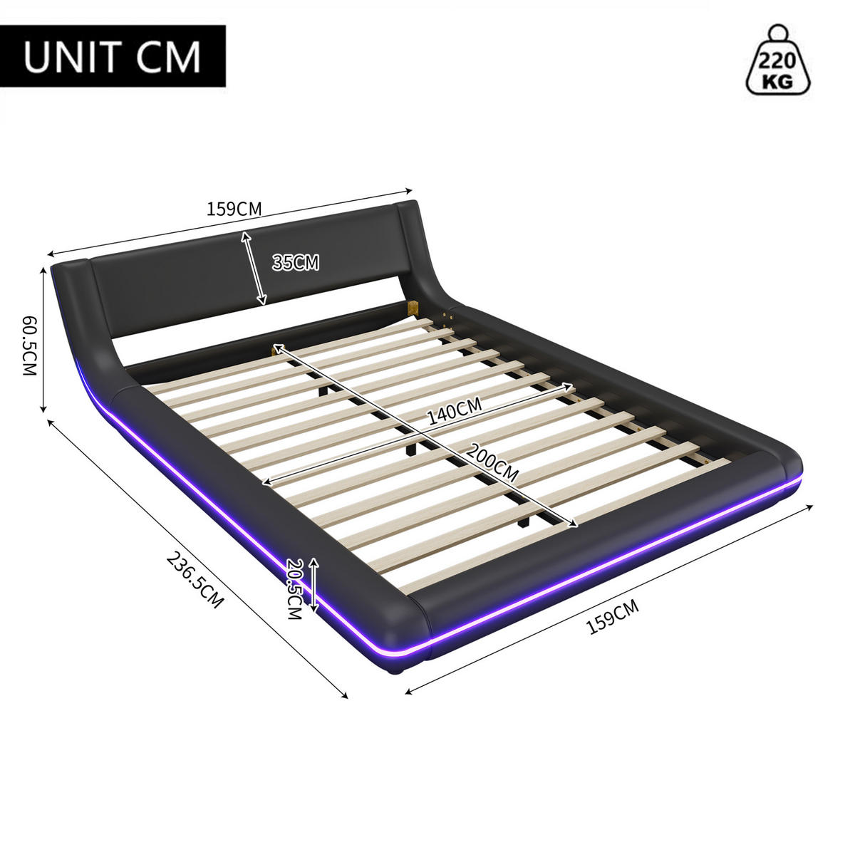 BODENBETT 140/200 cm Schwarz mit LED-Umgebungslicht - Schwarz, Kunststoff (140/200cm) - OKWISH