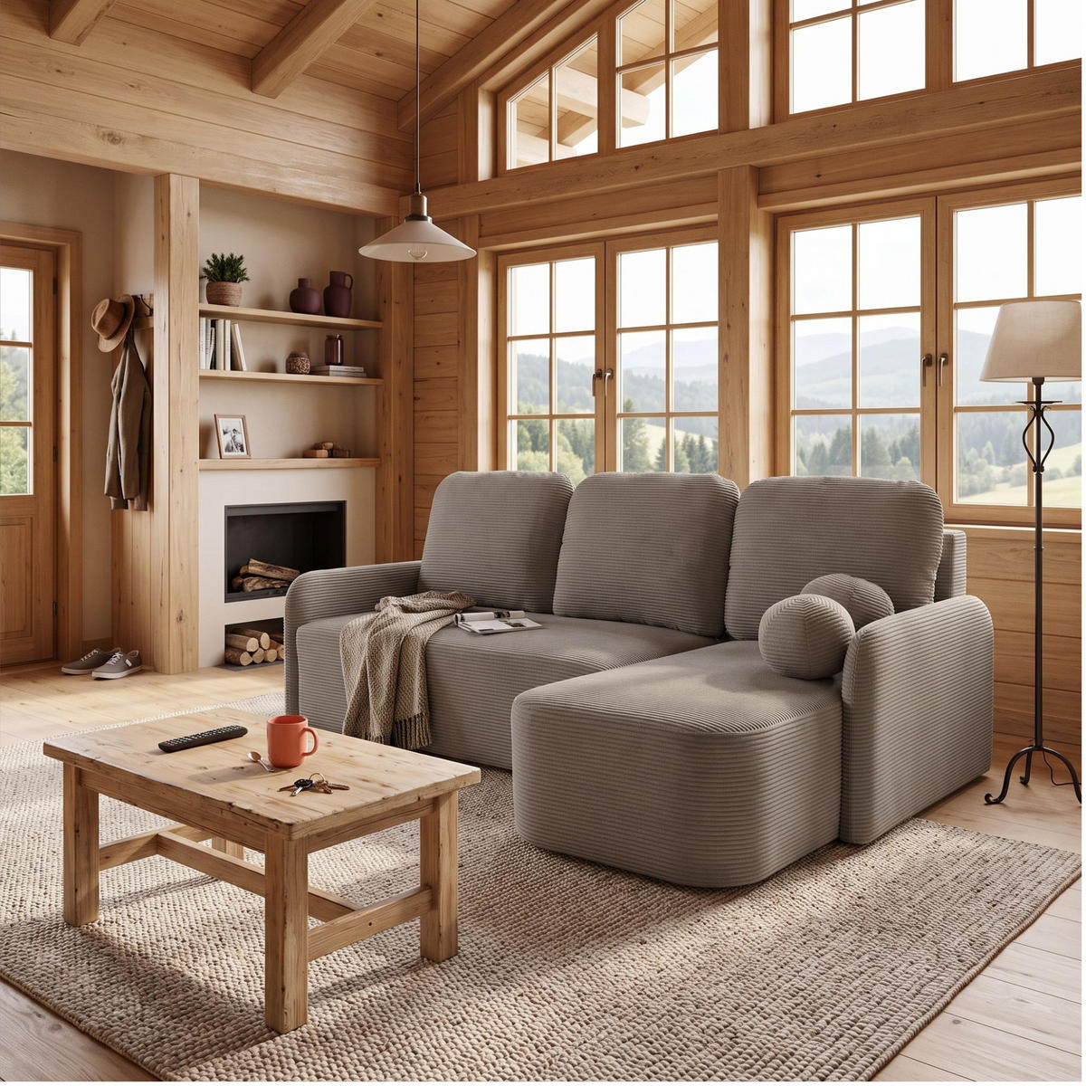 ECKSOFA CASPER L Rechts mit Schlaffunktion 132x198 Cord Hellbraun - Hellbraun/Schwarz, Holz/Kunststoff (145/217cm) - NACANAPA