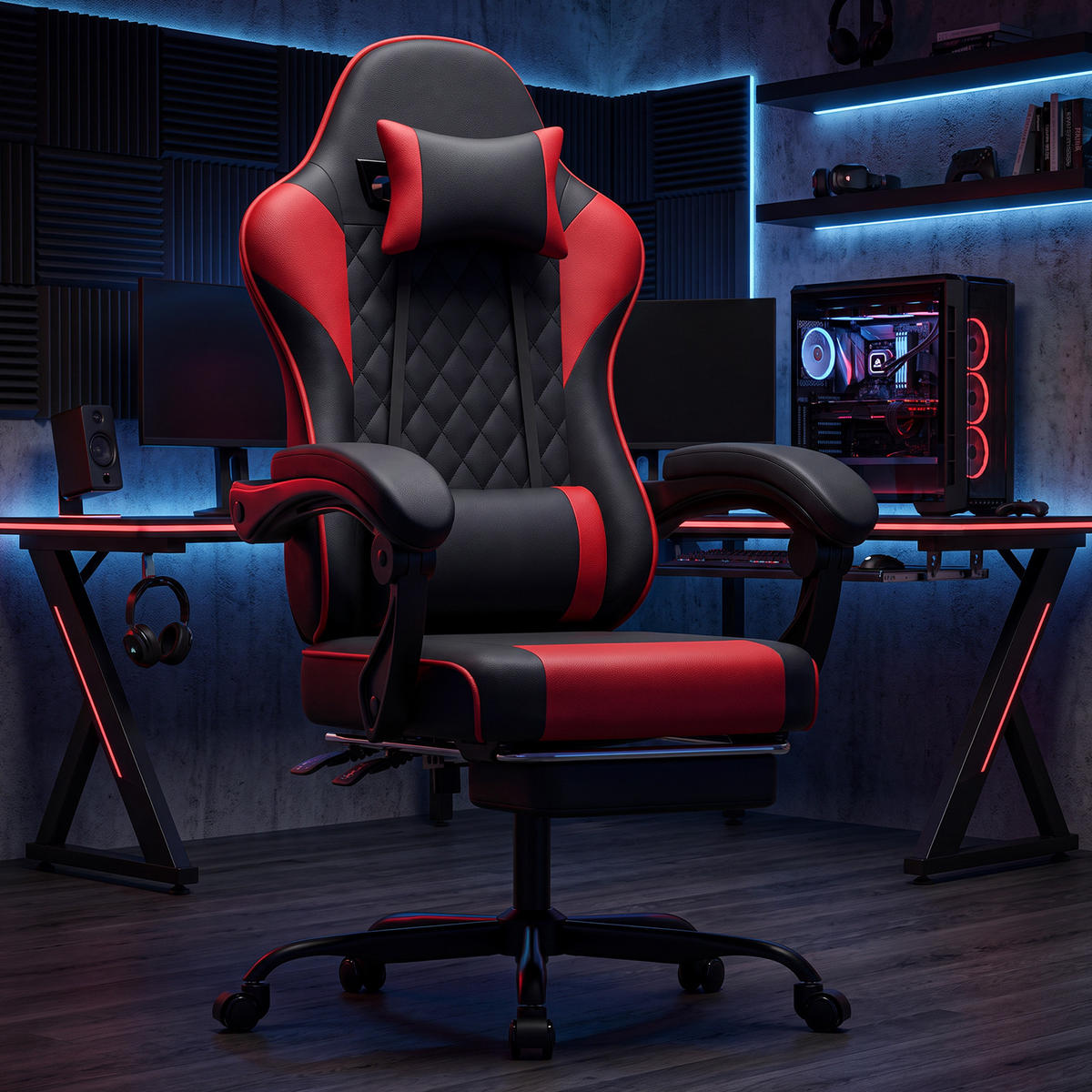 GAMINGSTUHL DE-40998 mit Lordosenstütze und Fußstütze Schwarz/Rot - Rot, Metall (58.5/120.5/63cm) - ComfortXL