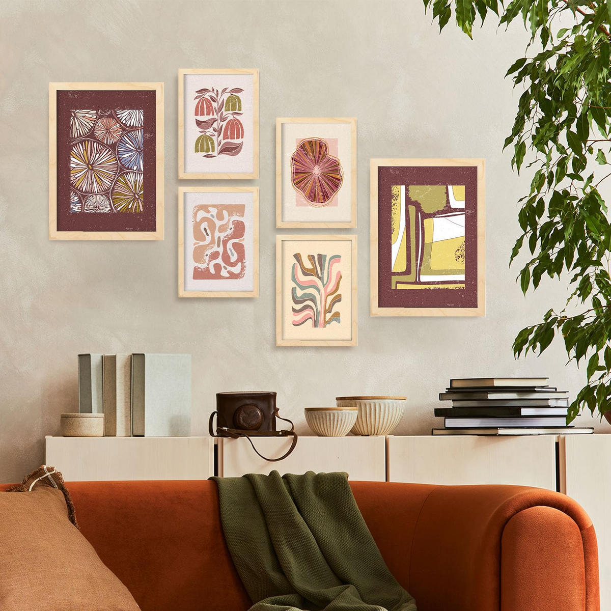 POSTER Set Mit 6 Drucken Mit Bürgersteig In Der Sammlung Ethnischer Stil A3 & A4 Rahmen Aus Hellem Holz - Beige, Papier (29/3cm) - Nacnic