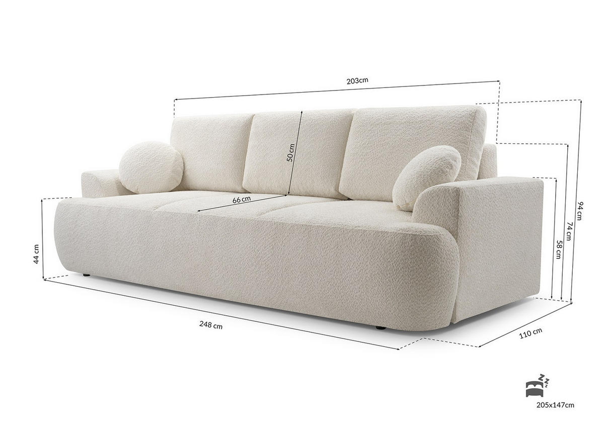 SOFA VELOS Schlaffunktion Bouclé - Hellgrau/Schwarz, Kunststoff/Textil (248/94/110cm) - Luxkor24