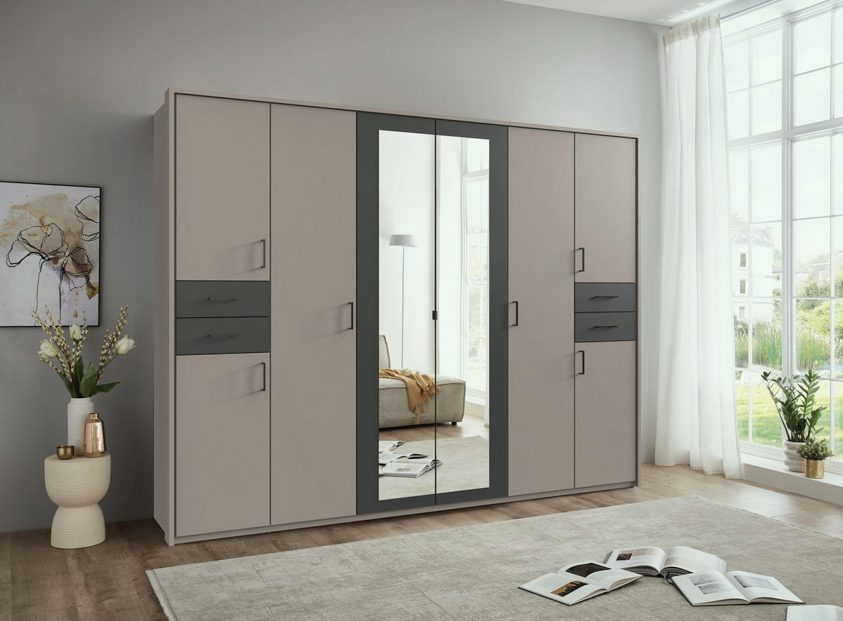 DREHTÜRENSCHRANK Kleiderschrank 273 cm mit Schubkästen & Passepartout & 2 Spiegeltüren, Sand Grau mit Absetzungen in Grafit, Griffe schwarz / 22579 - Sandfarben/Graphitfarben, Holzwerkstoff/Kunststoff (273/210/58cm) - luma-home