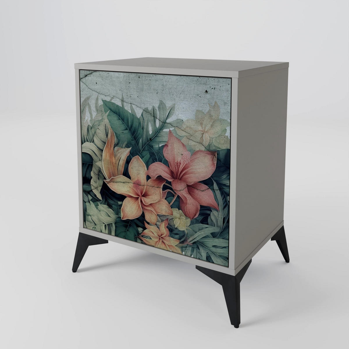 SIDEBOARD HEAVENLY BLOOM, Grau, 57,5x42x70,5 cm, Schwarze Metall-Sternfüße - Multicolor/Schwarz, Holzwerkstoff/Metall (57.5/70.5/42cm) - SpaceRebels