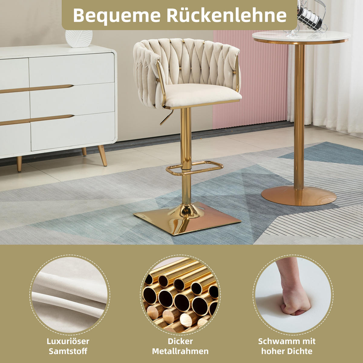 BARHOCKER mit Rückenlehne und Fußstütze - Creme, Textil (53/87/51cm)