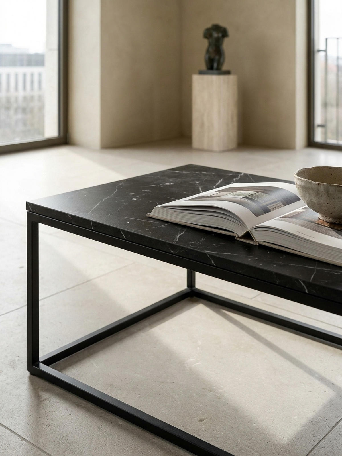 COUCHTISCH in Stein-Optik mit Metallbeinen, Modernes Design, Rechteckig, Groß, Schwarz 120x60x38 cm - Schwarz, Holzwerkstoff/Metall (60/120/38cm) - KADIMA DESIGN