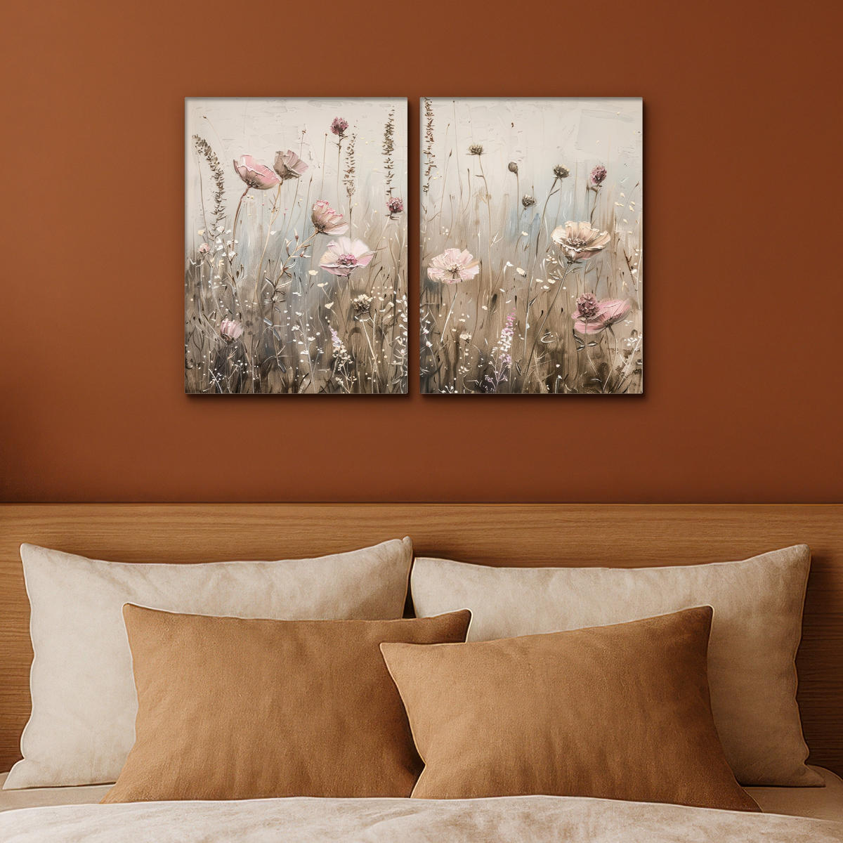 LEINWANDBILD 2er Set Blumen - Beige - Modern - Rosa 60x40 cm - Ecru, Textil (60/40cm) - MuchoWow